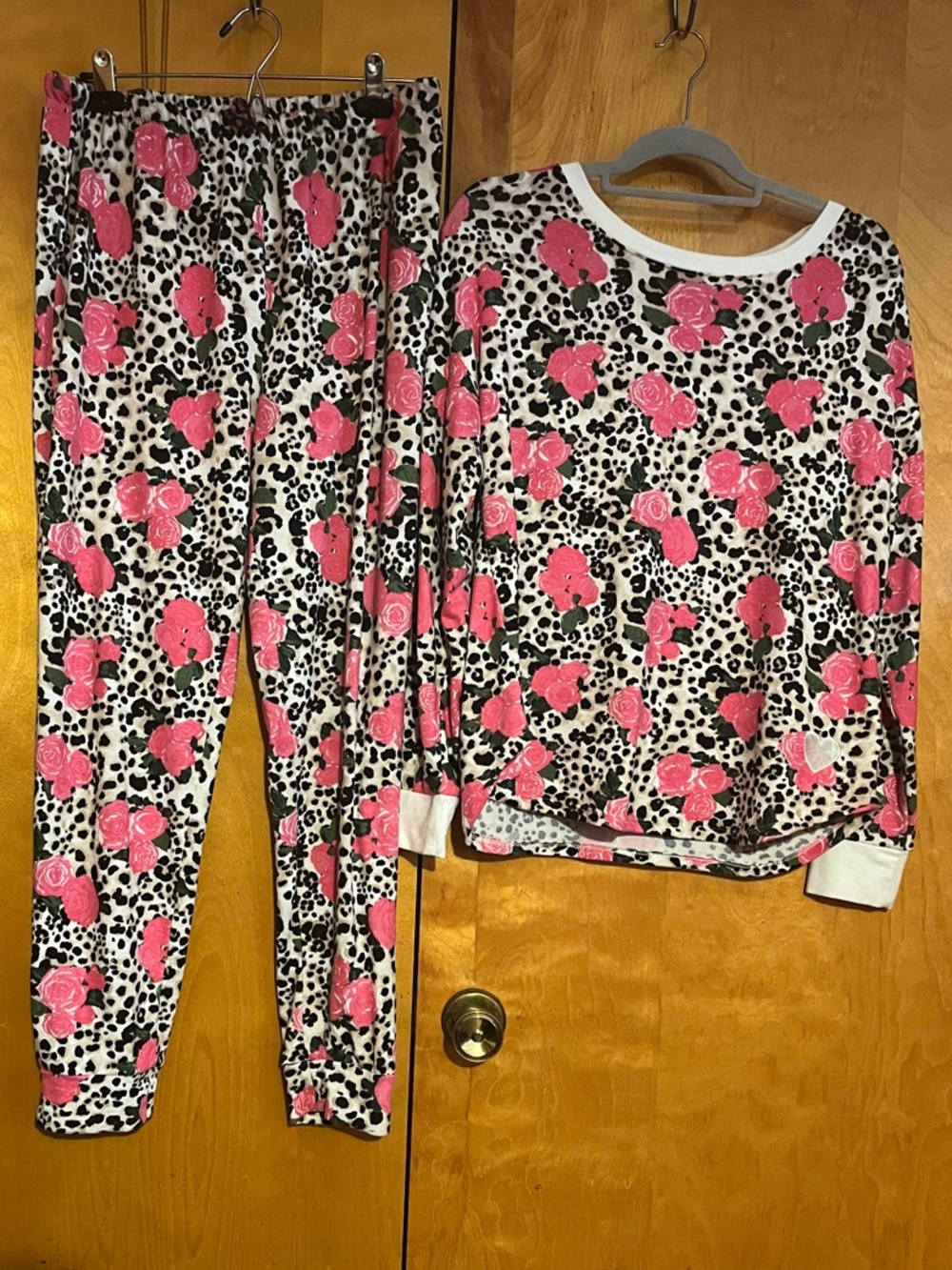 Betsey Johnson Pink Floral Leopard-Print Long Sleeve Pajama Set